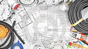 Electrical components on a blueprint background.