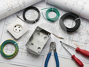 Electrical components and tools isolated on white background