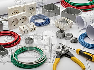 Electrical components and tools isolated on white background