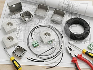 Electrical components and tools isolated on white background