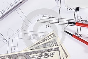 Electrical components using in electric installations, construction diagrams, work tools and dollar banknotes. Planning build or