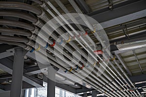 Electrical conduit system and tube of electric cable installed on building ceiling. Industrial infrastructure. Efficient