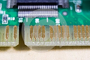 Electrical connectors at high magnification. Computer and electrical clamps and plugs shown in macro technology.