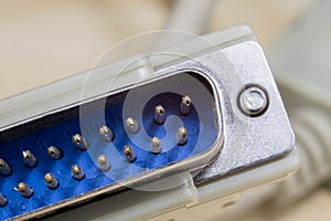 Electrical connectors at high magnification. Computer and electrical clamps and plugs shown in macro technology.