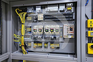 Electrical control panel with wiring and circuit breakers in cabinet