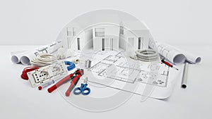 Electrical controls for house planning, equipment and electrician work tools on blueprint with model house, electric store,