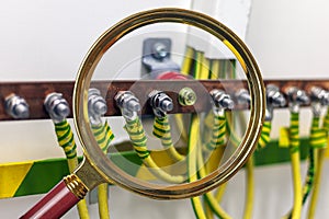 Electrical copper bus with grounding wiring. Cables connected to electrical grounding bar,Ground industry for control system