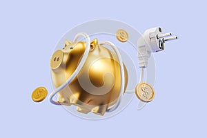 Electrical cord and gold piggy bank with coins