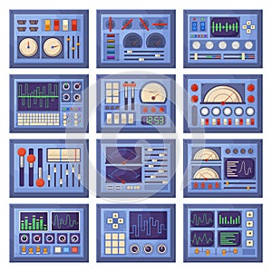 Electrical dashboard, control panels with charts, buttons and tuners. Retro dashboard control panels elements vector