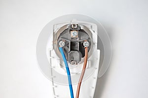 Electrical device plug with wires and contacts inside, selective focus