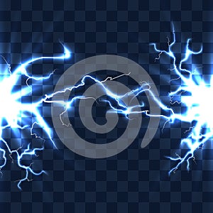 Electrical discharge with lightning beam isolated on checkered transparent background vector illustration