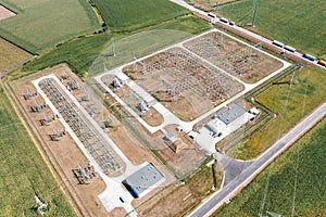 Electrical distribution substation, power lines, aerial view