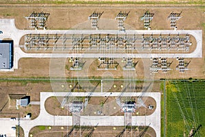 Electrical distribution substation, power lines, aerial view