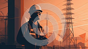 An electrical engineer inspecting a large electrical transmission tower, with a blue sky and mountains in the background