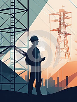 An electrical engineer inspecting a large electrical transmission tower, with a blue sky and mountains in the background