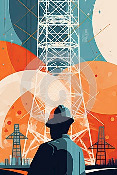 An electrical engineer inspecting a large electrical transmission tower, with a blue sky and mountains in the background