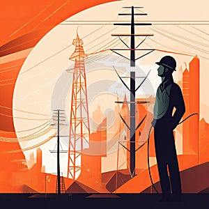 An electrical engineer inspecting a large electrical transmission tower, with a blue sky and mountains in the background