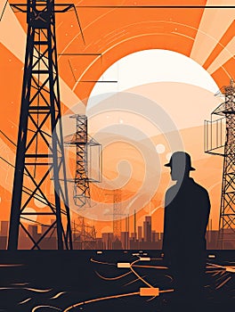 An electrical engineer inspecting a large electrical transmission tower, with a blue sky and mountains in the background