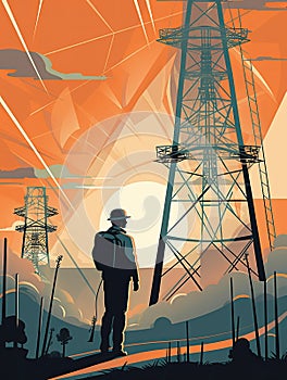 An electrical engineer inspecting a large electrical transmission tower, with a blue sky and mountains in the background