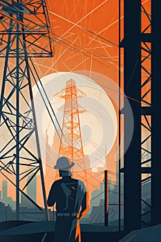 An electrical engineer inspecting a large electrical transmission tower, with a blue sky and mountains in the background