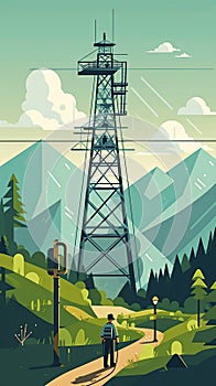An electrical engineer inspecting a large electrical transmission tower, with a blue sky and mountains in the background