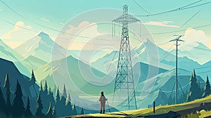 An electrical engineer inspecting a large electrical transmission tower, with a blue sky and mountains in the background