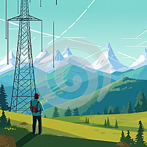 An electrical engineer inspecting a large electrical transmission tower, with a blue sky and mountains in the background