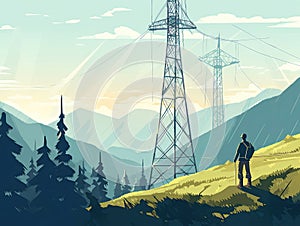 An electrical engineer inspecting a large electrical transmission tower, with a blue sky and mountains in the background