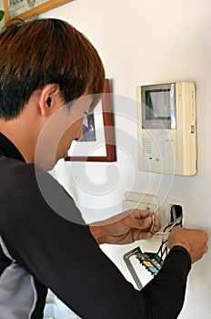 Electrical engineer`s wiring work in Japan.