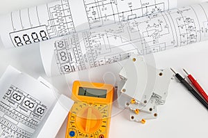 Electrical engineering drawings, circuit breaker and digital multimeter