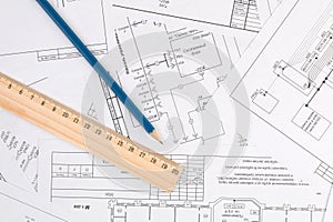 Electrical engineering drawings, pencil and ruler