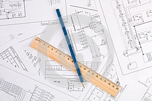 Electrical engineering drawings, pencil and ruler