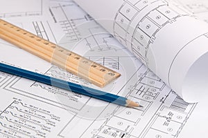 Electrical engineering drawings, pencil and ruler