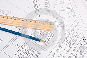 Electrical engineering drawings, pencil and ruler