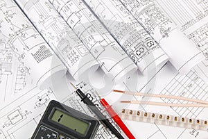 electrical engineering drawings, wire, terminal and digital multimeter