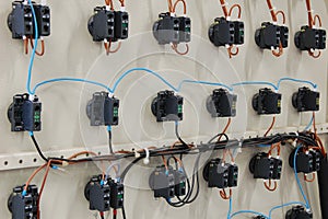 Electrical equipment. Automatic circuit breakers in a row. Electric switches in fusebox