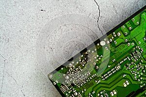 Electrical equipment board circuit damage from short circuits or lightning strikes on concrete background