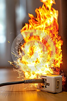 Electrical Fire Hazard Phone Charger Short Circuiting in Wall Socket, Sparks, Smoke, Home Danger photo