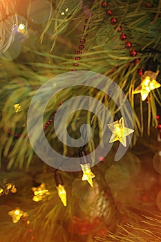 Electrical garland in shape of stars decorating Christmas tree