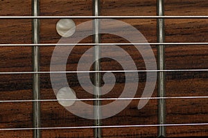 Electrical guitar neck, fretboard and metal strings closeup. Electric guitar black and white color, detail. Music instruments