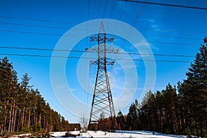 Electrical high voltage power line in the forest lsndscape