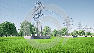 Electrical impulse moves through wires Power transmission towers 3d photo