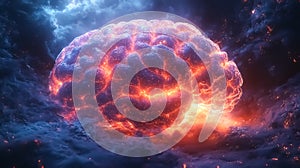 Electrical impulses around the human brain. Science and technology concept