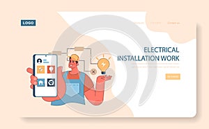 Electrical Installation Work concept. Electrician with smart device showcasing