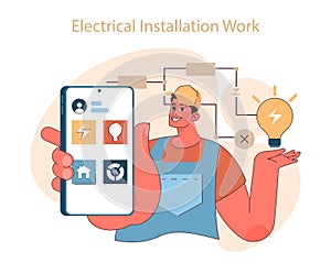 Electrical installation work concept. Electrician with smart device