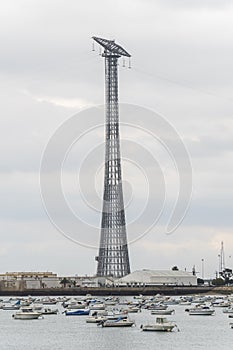 Electrical line towers over Cadiz bay, pylons, Andalusia, Spain