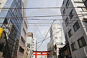 Electrical Lines and Torii Gate Between Multistory Buildings