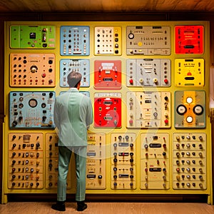 Electrical Machinery and Technical Equipment of Power Plant control room man looking the buttons