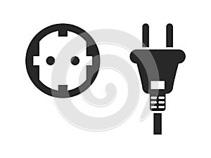 Electrical outlet icon set, electric plug and power socket, black isolated on white background, vector illustration.
