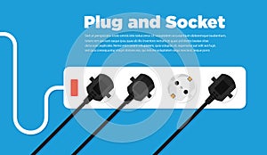 Electrical outlet and plugs in flat style icon. Vector illustration